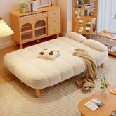 Cream white and green Japandi loveseat folding sofa bed with corduroy fabric upholstery